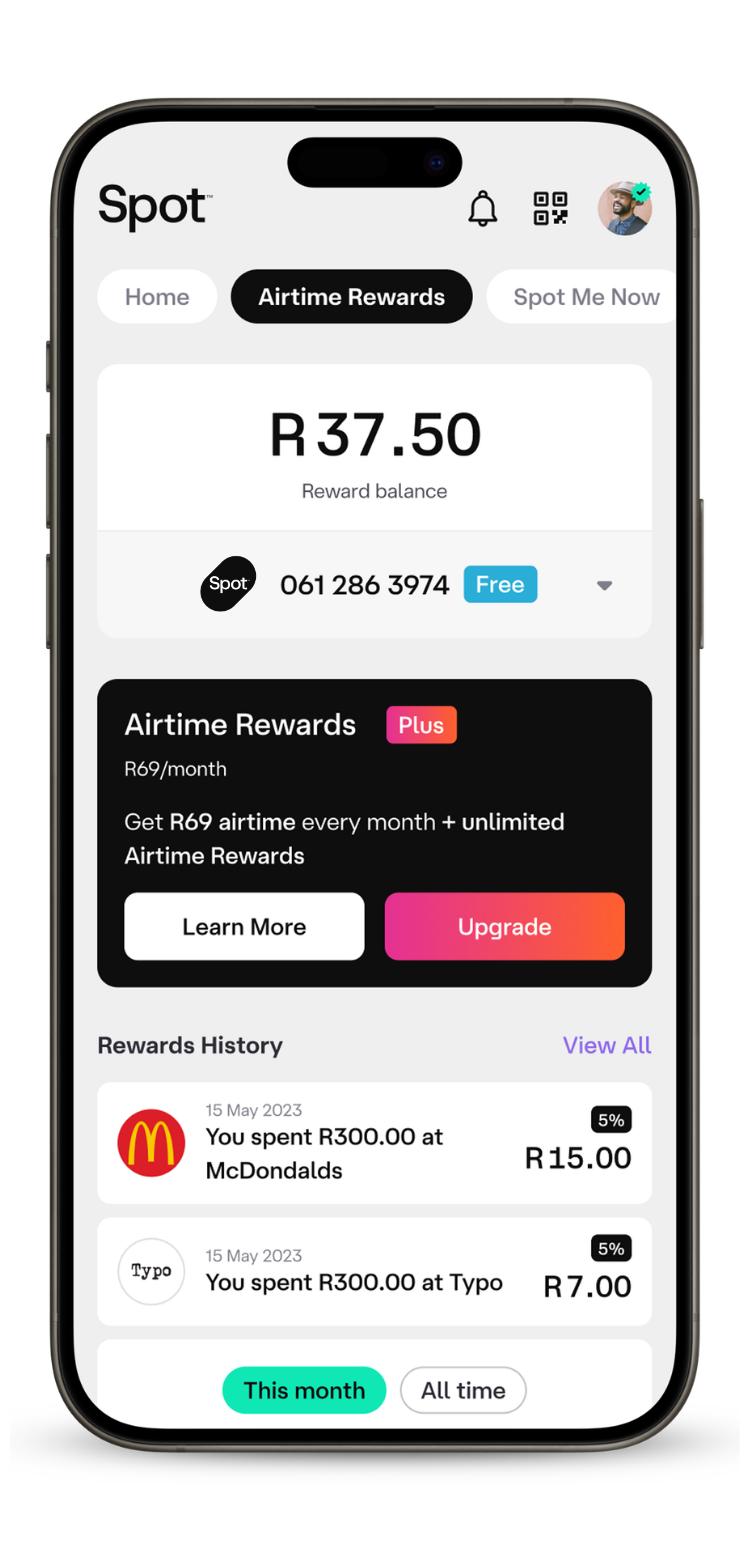 Spot app showing your airtime reward balance